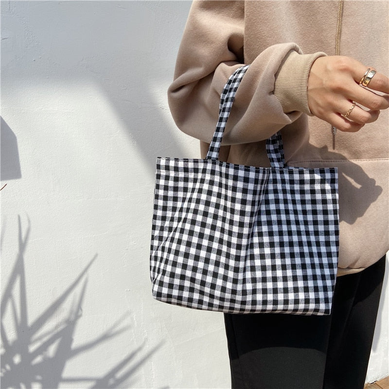 Cyflymder New Portable Lunch Bag Japanese Plaid Cotton Picnic Food Bag Women Simple Small Tote Korean Style Children Lunch Bags Kids