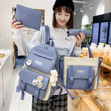Women Laptop Backpack 4 Pcs Set Harajuku Canvas School Bags For Teenage Girls Kawaii College Student Kids Book Bag Rucksack