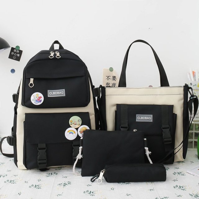 Women Laptop Backpack 4 Pcs Set Harajuku Canvas School Bags For Teenage Girls Kawaii College Student Kids Book Bag Rucksack