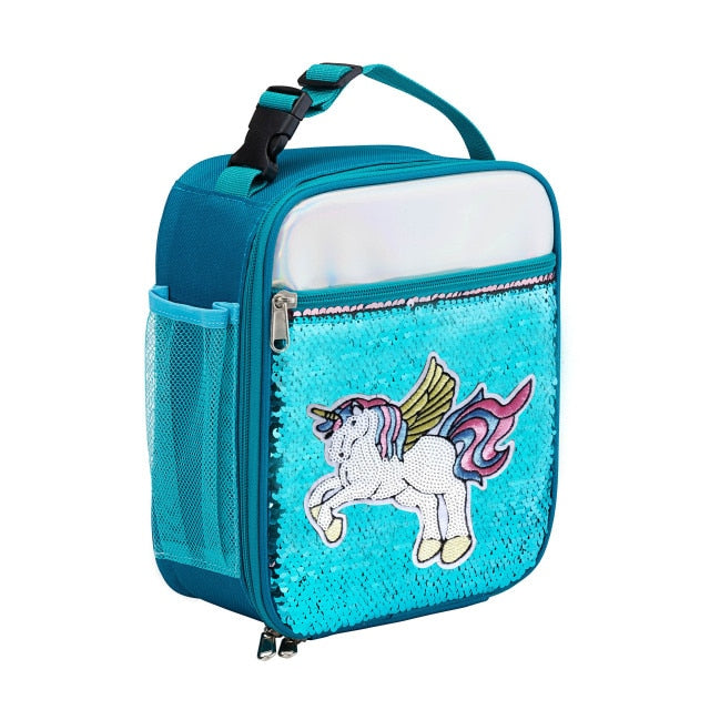 High Quality Waterproof Reverse Sequin Insulated Kid Girls Lunch Box Glitter Tote Bag Cooler Picnic Pouch For Food