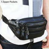 JCHENSJ Genuine Leather Men's Fanny Pack Waist Bag For Men Large Capacity Men's Belt Bag 7 Zipper Pocket Outdoor