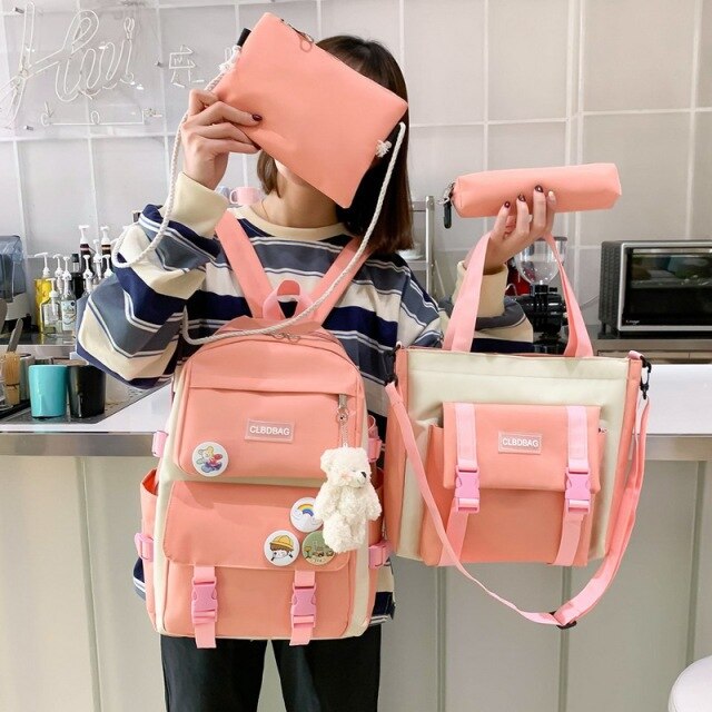 4/5Pcs Sets Canvas School Backpacks For Teenage Girls Harajuku Portfolio To School Women's Bag Set Women's Backpack For Computer