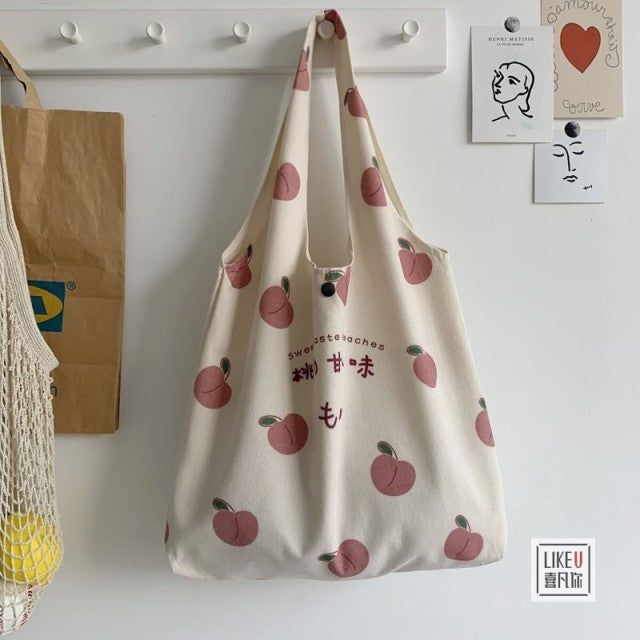 Fashion Canvas Tote Bag Purses and Handbags for Women Shopper Cute Designer Shoulder Bag Japanese Style Peach Print Eco Bag