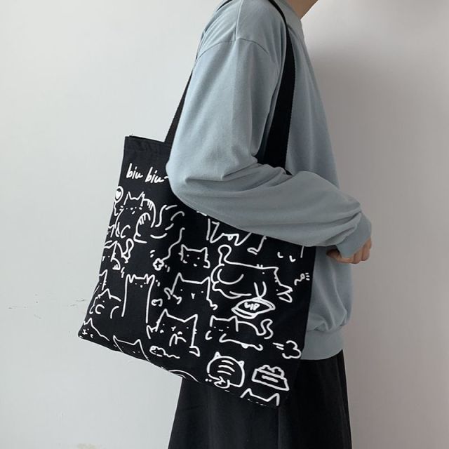 Canvas Bags Handbag for Women Shopper Cute Cat Tote Bag with Zipper  Designer Bag Japanese Style Cartoon Small Shoulder Bags