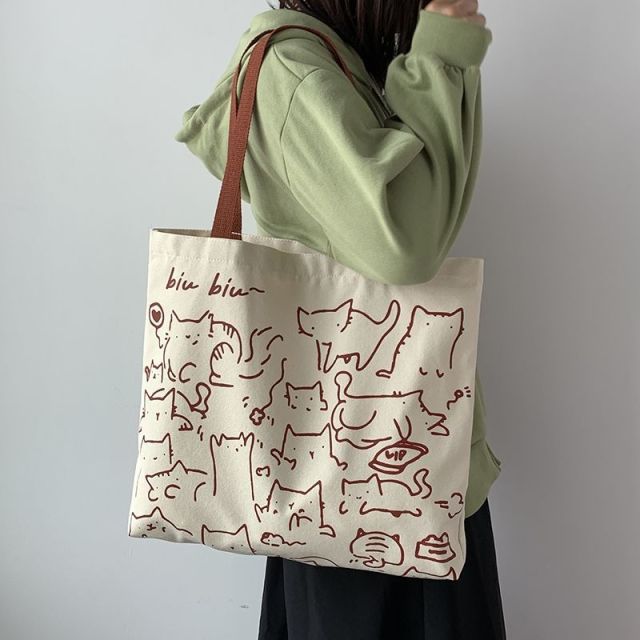 Canvas Bags Handbag for Women Shopper Cute Cat Tote Bag with Zipper Designer Bag Japanese Style Cartoon Small Shoulder Bags