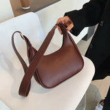 Solid Color Brown PU Leather Half Moon Bags for Women Branded Luxury Fashion Shoulder Crossbody Handbag Autumn Winter Trend