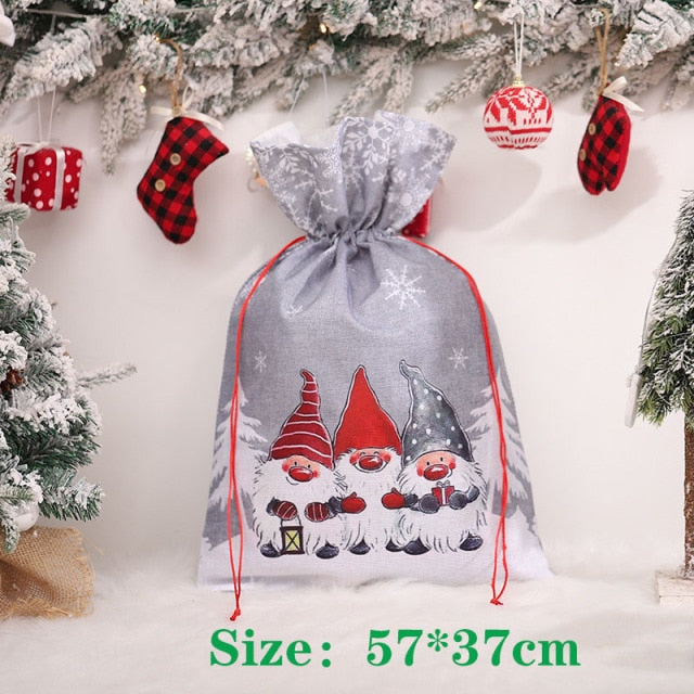 Cyflymder Christmas Large Candy Gift Big Bag Cute Christmas Linen Tote Bag Lattice Side Drawstring Pocket Gift for Children