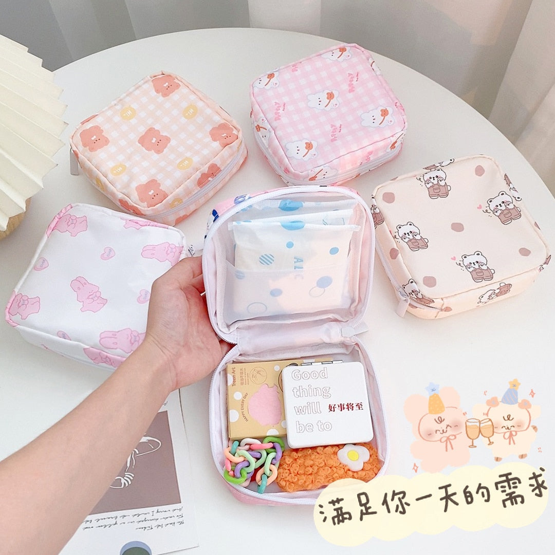 Cyflymder Travel Kawaii Cosmetic Storage Bag For Girls Cute Bear Rabbit Tampon Sanitary Pad Pouch Mini Makeup Earphone Coin Sundries Bags