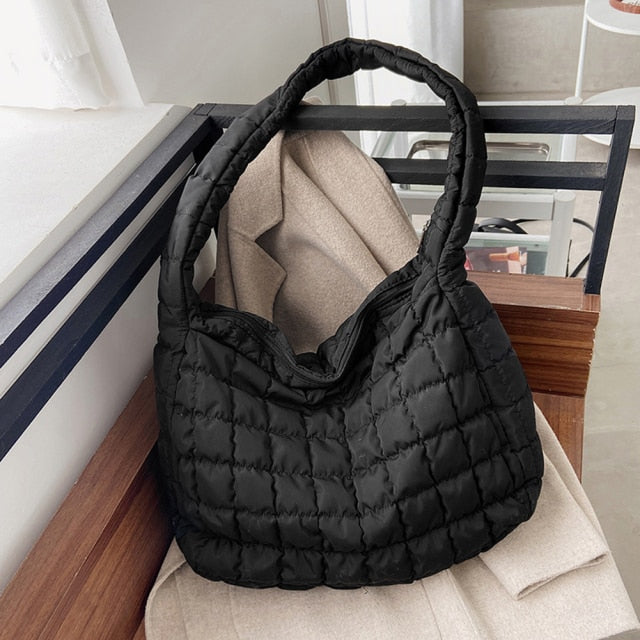 Cyflymder Pattern Shoulder Bag Space Cotton Handbag Casual Woman Large Capacity Down Tote Bags Feather Padded Ladies Shopping Bags