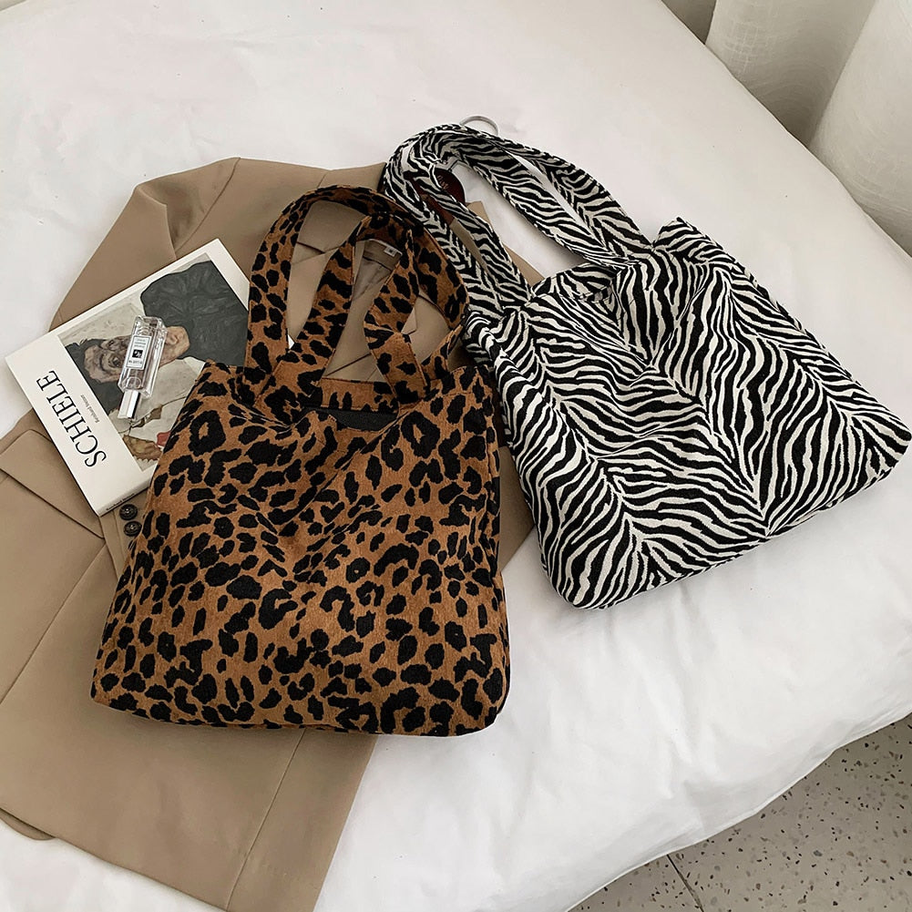 Cyflymder Women Bag NEW ZEBRA Leopard print Corduroy Handbags Zebra Leopard Pattern Shoulder Bag Large Capacity Ladies Animal Tote Bags