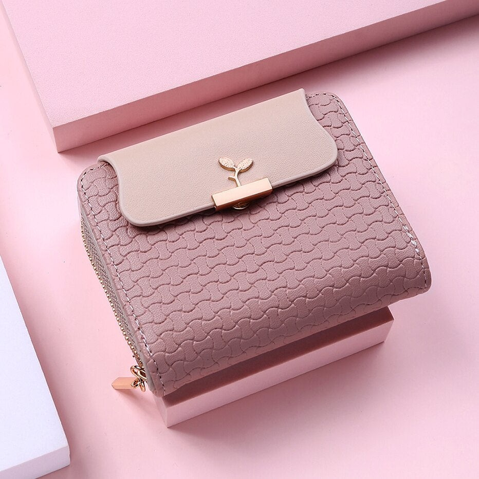 New Women Wallet Leaf Hasp Clutch Brand Designed Student Leather Mini Coin Lady Purse Female Card Holder Money Bag