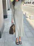 Cyflymder Fall Casual Knit Ribbed Bodycon Long Dress Simple Style Solid Color Long Sleeve O Neck Wrapped Pencil Dress Street Party